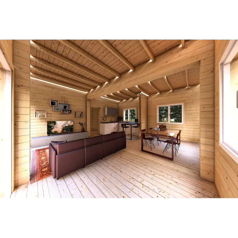 Maison habitable en bois lumineuse DAFNE 95 m², 44/140/44 mm, intérieur