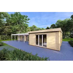 Chalet en bois habitable​ avec porche CELESTE 140 m², 44/140/44 mm, façade côté droit
