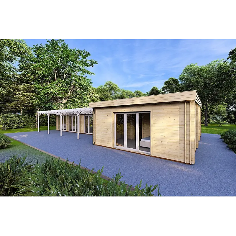Chalet en bois habitable​ avec porche CELESTE 140 m², 44/140/44 mm, façade côté droit