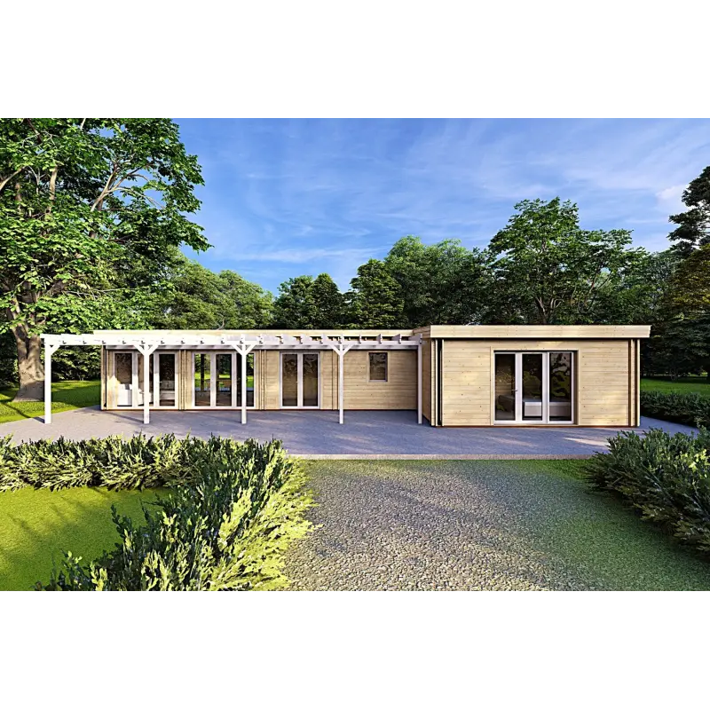 Chalet en bois habitable​ avec porche CELESTE 140 m², 44/140/44 mm, vue frontale