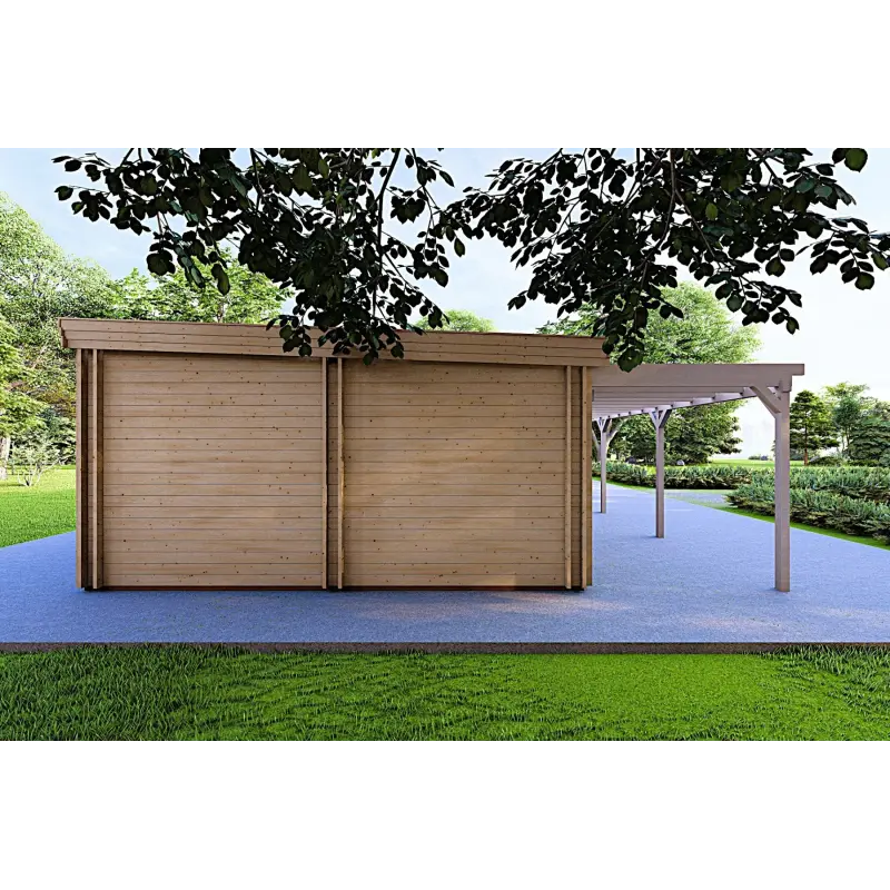 Chalet en bois habitable​ avec porche CELESTE 140 m², 44/140/44 mm, côté gauche