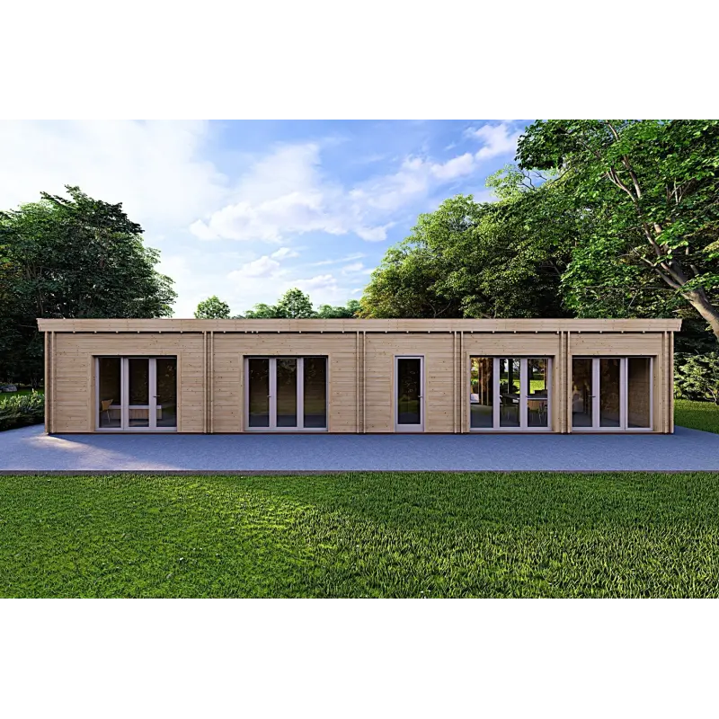 Chalet en bois habitable​ avec porche CELESTE 140 m², 44/140/44 mm, vue arrière