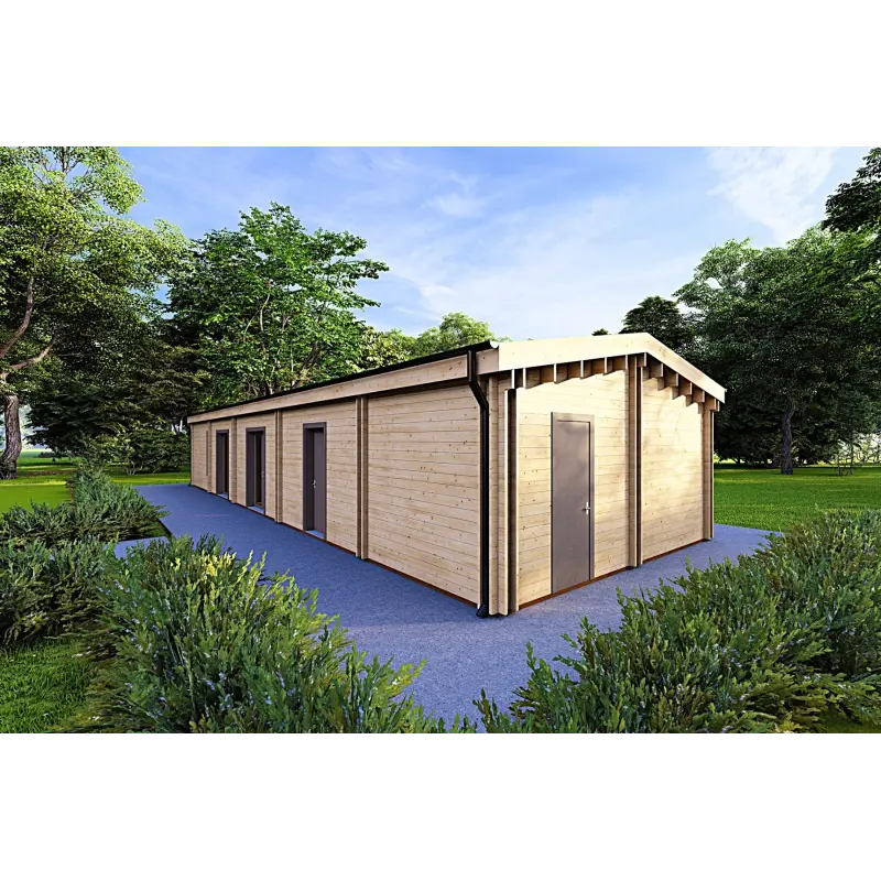 Chalet en bois habitable​ avec garage CLOE 114 m², 44/140/44 mm, façade côté droit