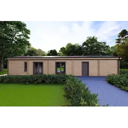 Vue frontale de la maison habitable en bois avec garage CLOÉ préfabriquée de Caleba avec façade habillée et construction en bois