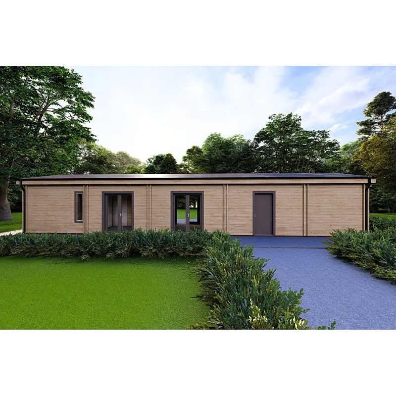 Vue frontale de la maison habitable en bois avec garage CLOÉ préfabriquée de Caleba avec façade habillée et construction en bois
