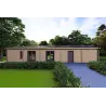 Vue frontale de la maison habitable en bois avec garage CLOÉ préfabriquée de Caleba avec façade habillée et construction en bois