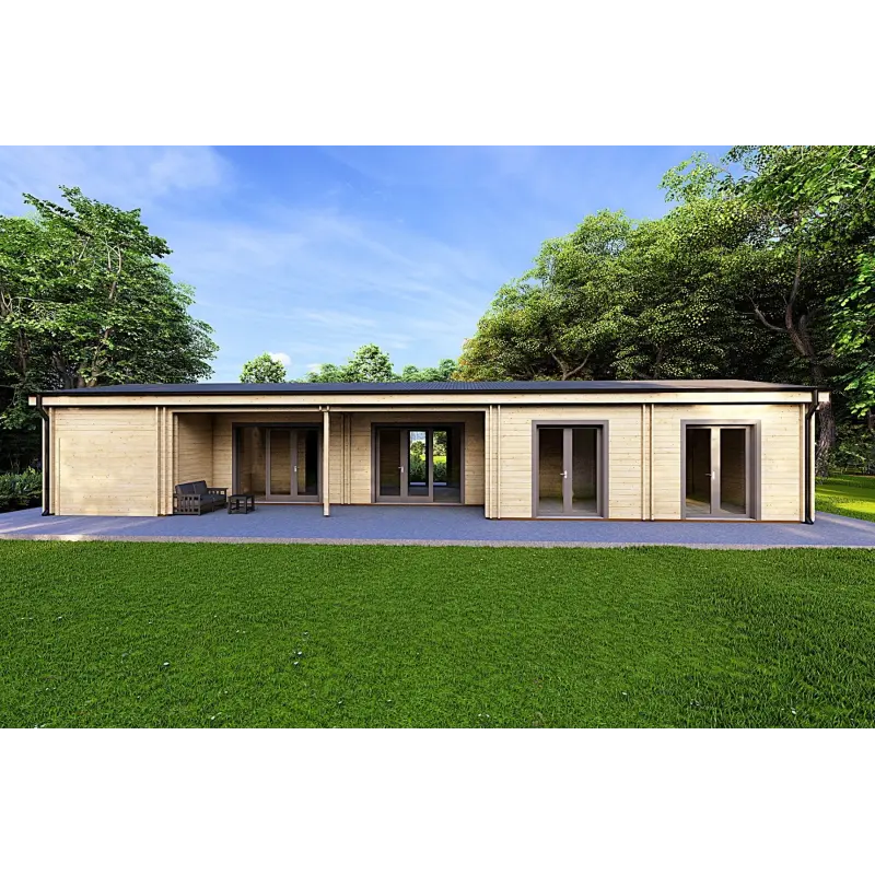 Chalet en bois habitable​ avec garage CLOE 114 m², 44/140/44 mm, vue arrière