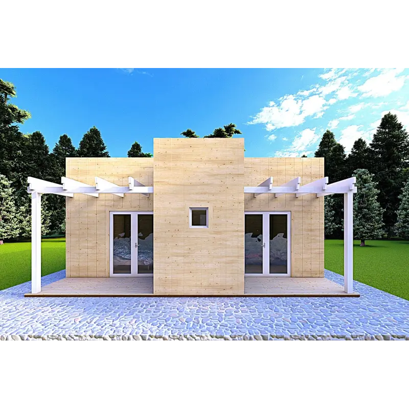 Chalet en bois habitable​ avec double véranda NAUSICAA 98 m², 70/100/30/40 mm, vue arrière