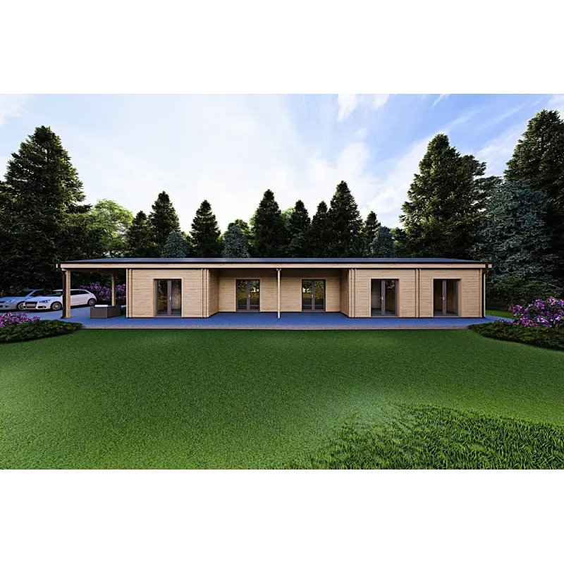 Maison préfabriquée en bois avec garage CLIO 135 m², 44/140/44 mm, vue frontale