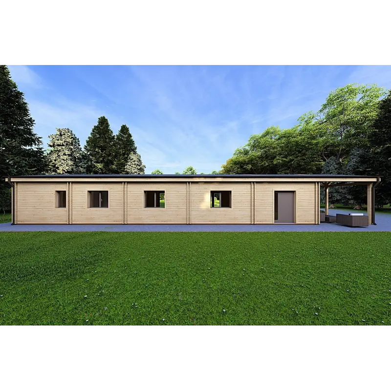 Maison préfabriquée en bois avec garage CLIO 135 m², 44/140/44 mm, vue arrière