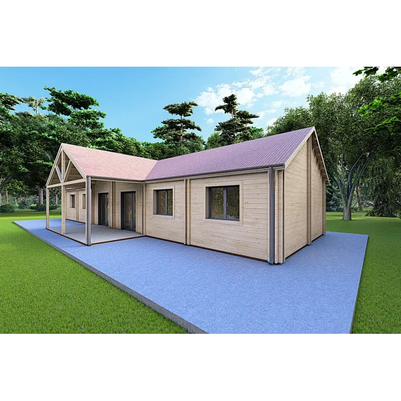 Maison préfabriquée en bois avec patio GINEVRA 129 m², 44/140/44 mm, façade côté droit