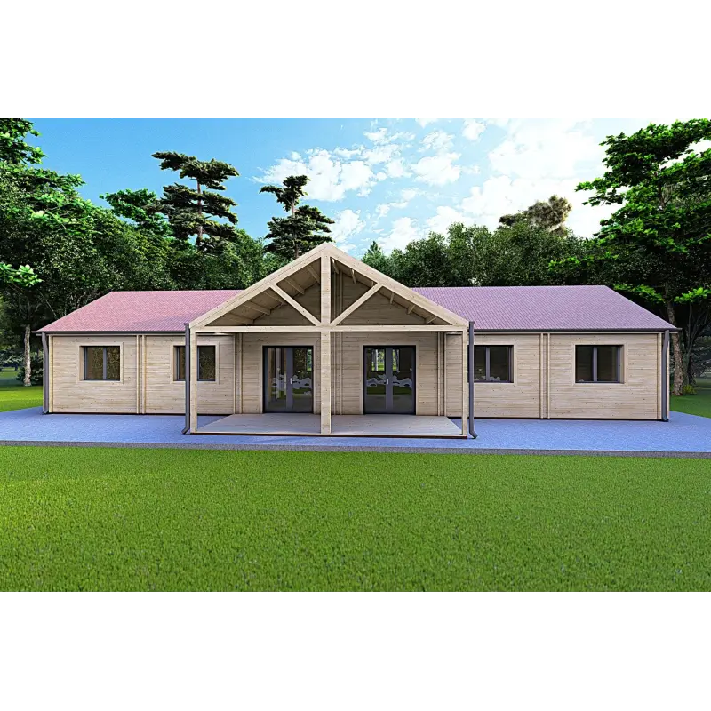 Maison préfabriquée en bois avec patio GINEVRA 129 m², 44/140/44 mm, vue frontale
