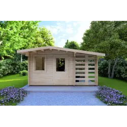 Maison en bois de jardin AURORA avec abri à bois 4.5x2.5, 44mm, vue frontale