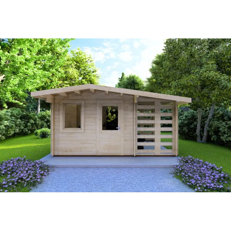 Maison en bois de jardin AURORA avec abri à bois 4.5x2.5, 44mm, vue frontale