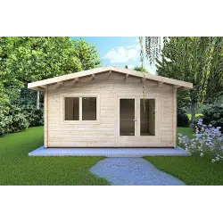Vue frontale de l’abri de jardin en bois LELLA 15 m² de Caleba, abri spacieux avec forme claire et fonctionnelle