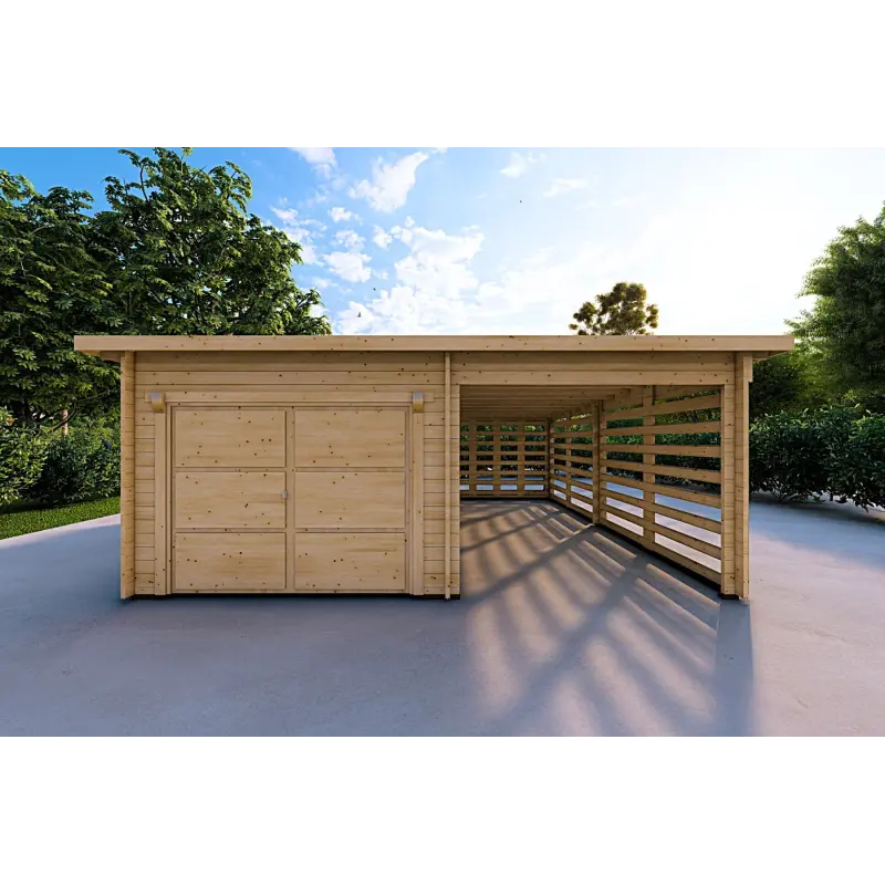 Garage en bois avec auvent 6x6, 44mm, vue frontale