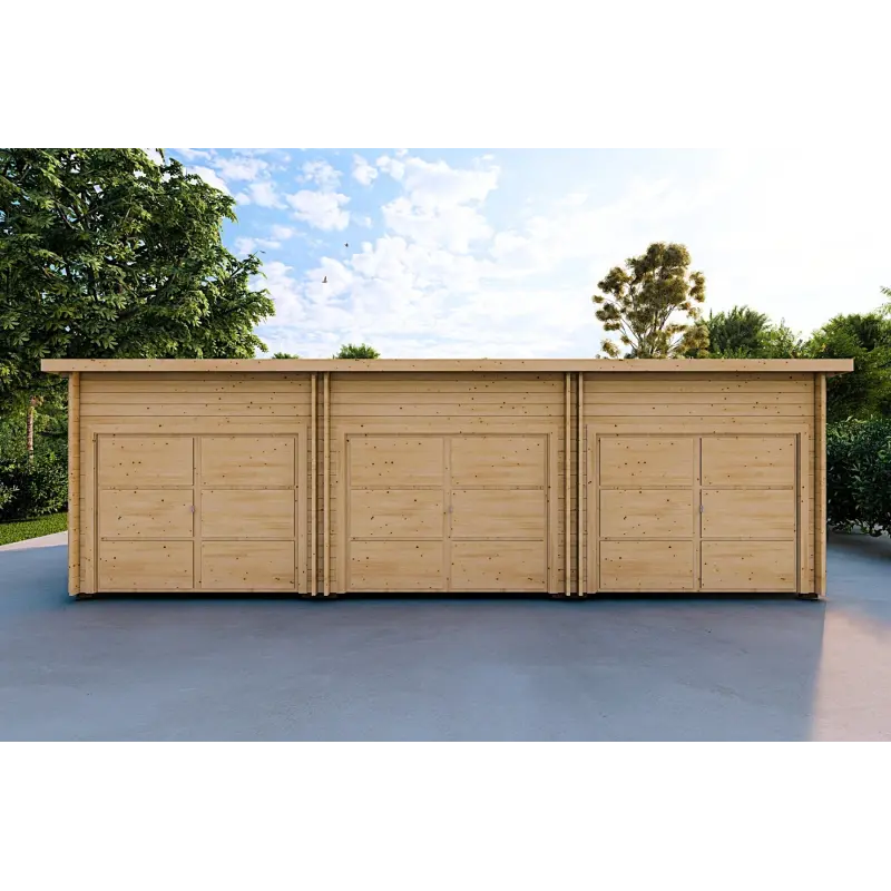 Garage en bois triple 9x6, 44mm, vue frontale