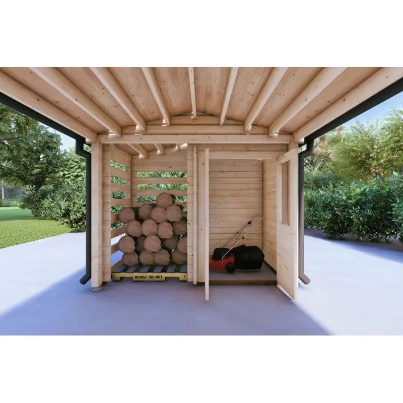 Auvent en bois 24 m², 44mm, remise et bûcher