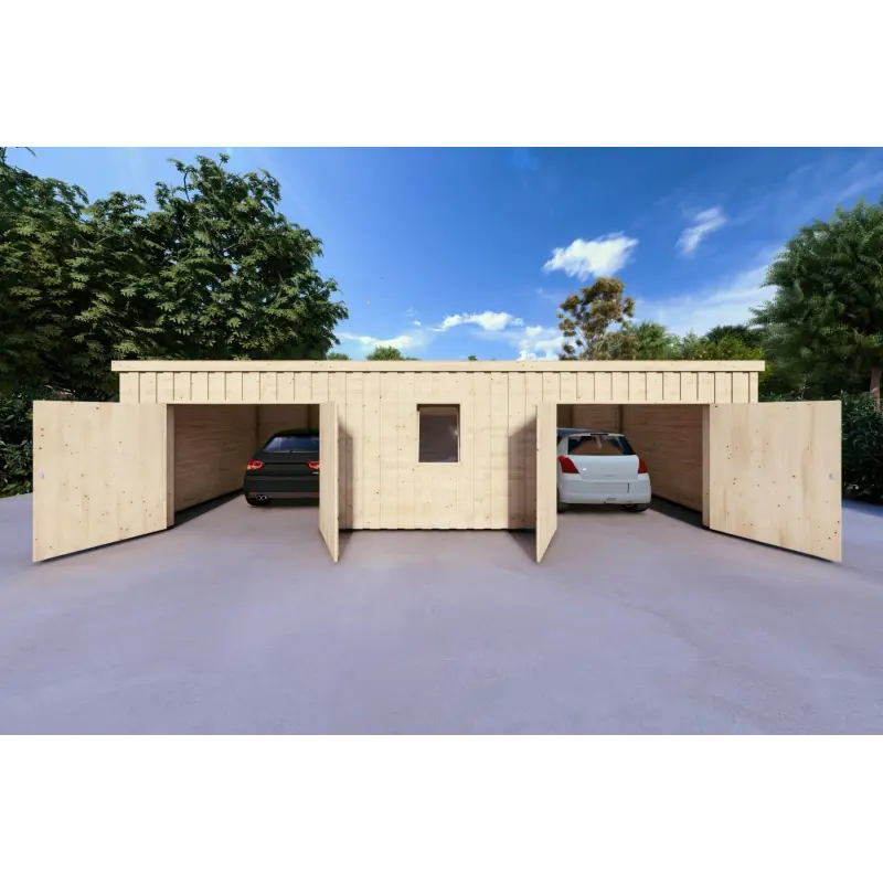 Garage en bois double à toit monopente avec remise personnelle 9.6x6.4, 44/80/30/40 mm, vue frontale