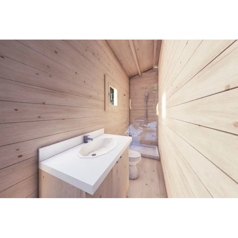 Véranda bois avec patio GIANNA 6.5x5.4, 44mm, intérieur salle de bains