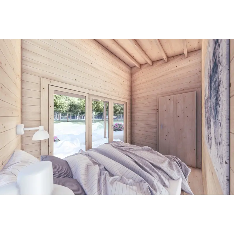 Véranda bois avec patio GIANNA 6.5x5.4, 44mm, intérieur chambre principale