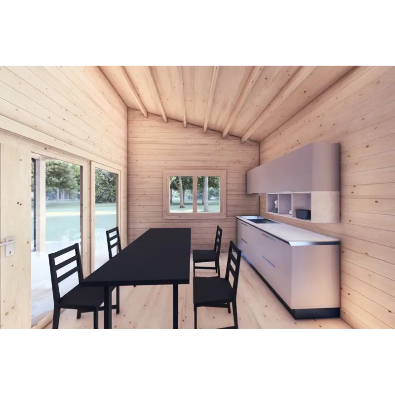 Véranda bois avec patio GIANNA 6.5x5.4, 44mm, intérieur cuisine