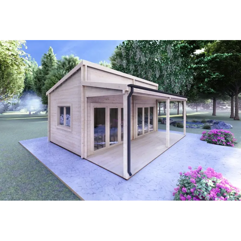 Véranda bois avec patio GIANNA 6.5x5.4, 44mm, façade côté gauche