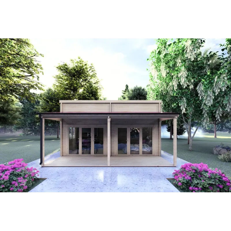 Véranda bois avec patio GIANNA 6.5x5.4, 44mm, vue frontale