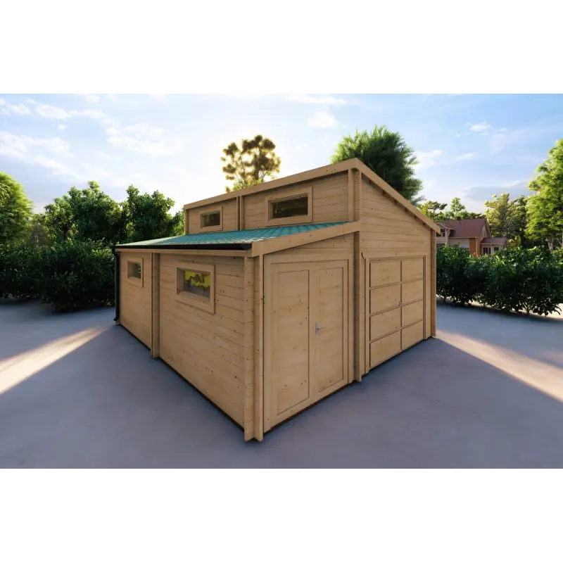 Garage en bois simple avec remise 35 m², 44mm, façade côté gauche