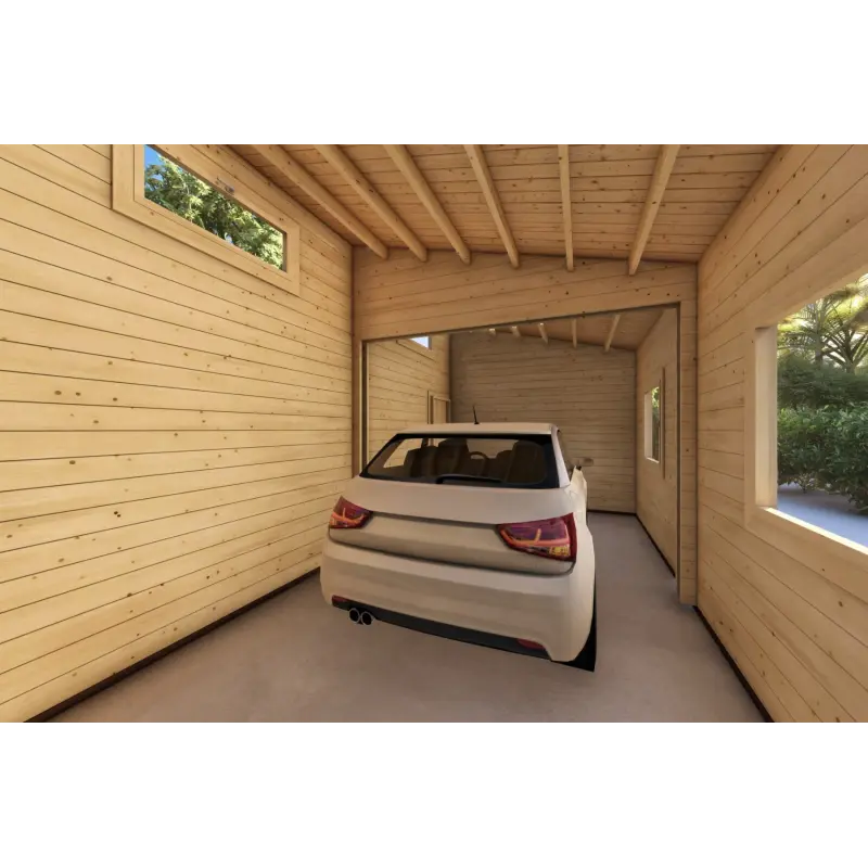Garage en bois simple avec remise 35 m², 44mm, vue intérieure avec voiture