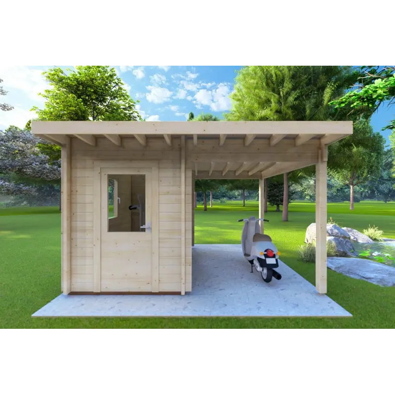 Abris de jardin en bois AMARISSA avec auvent 3x4, 44mm, vue frontale