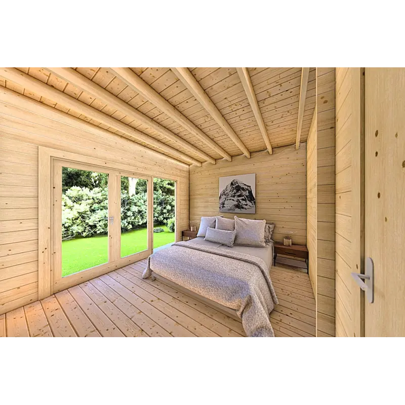 Chalet en bois CLOTILDE 5.5x10, 44mm, intérieur chambre principale
