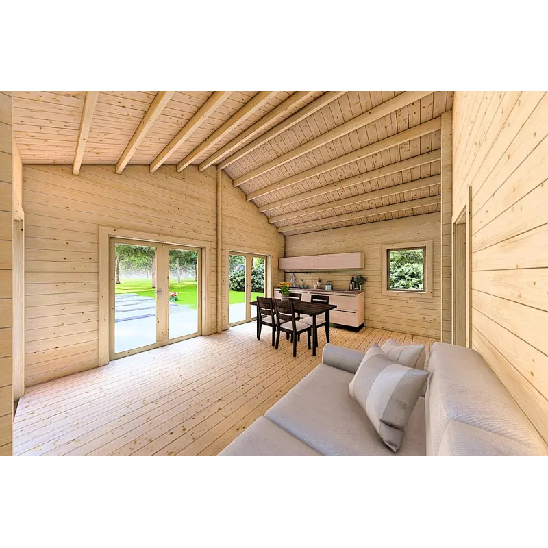 Maison en bois SILVIA 5.5x7.4, 44/100/44 mm, espace de vie ouvert