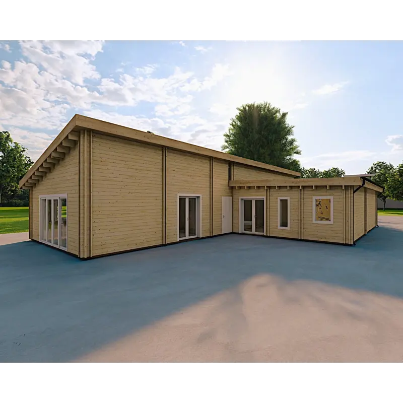 Maison habitable en bois avec garage double PRISCILLA, 44/140/44 mm, façade côté droit