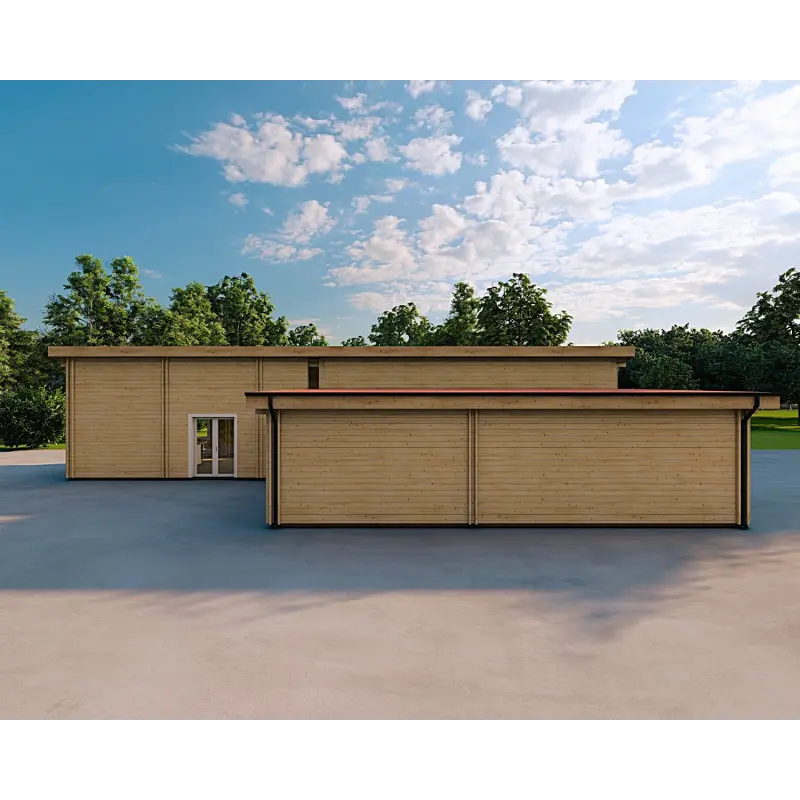 Maison habitable en bois avec garage double PRISCILLA, 44/140/44 mm, vue frontale