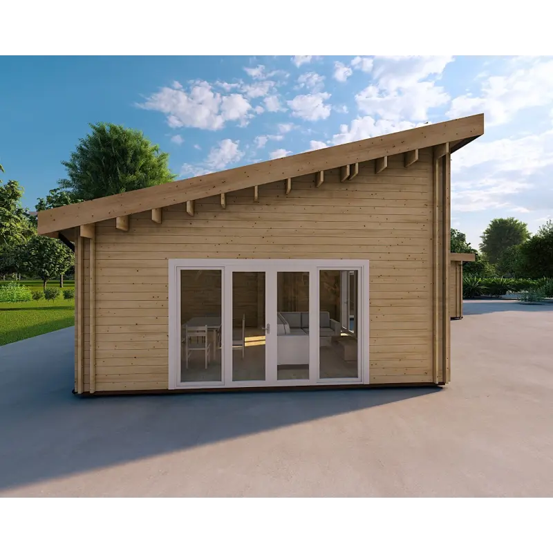 Maison habitable en bois avec garage double PRISCILLA, 44/140/44 mm, côté gauche