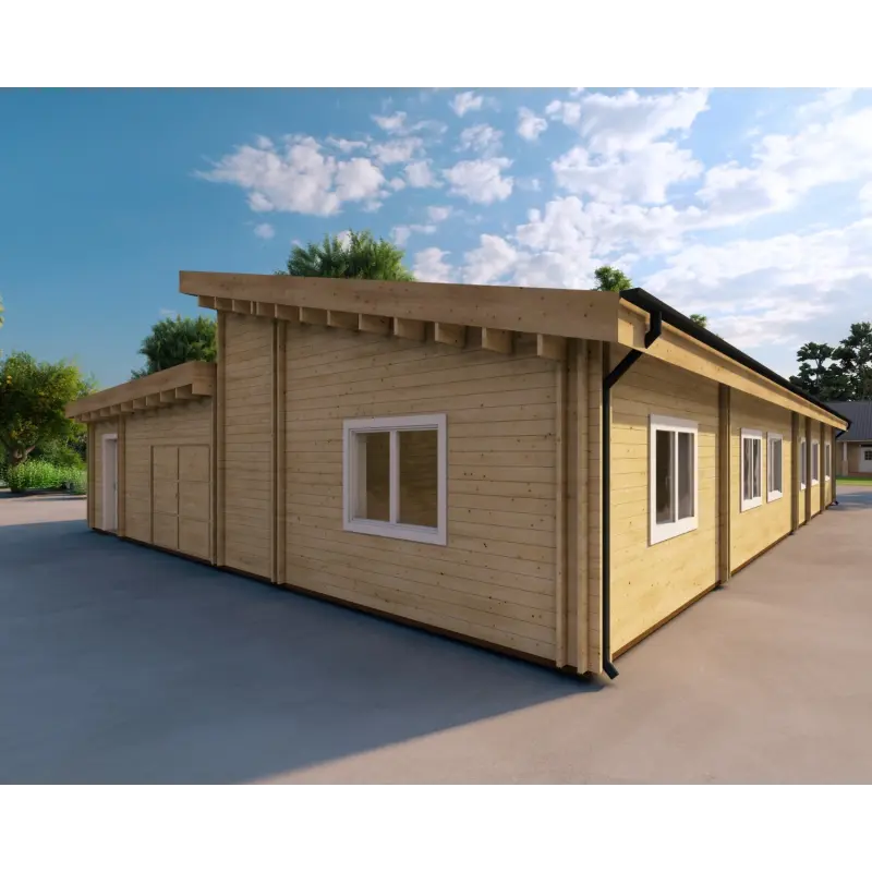 Maison habitable en bois avec garage double PRISCILLA, 44/140/44 mm, vue arrière côté droit