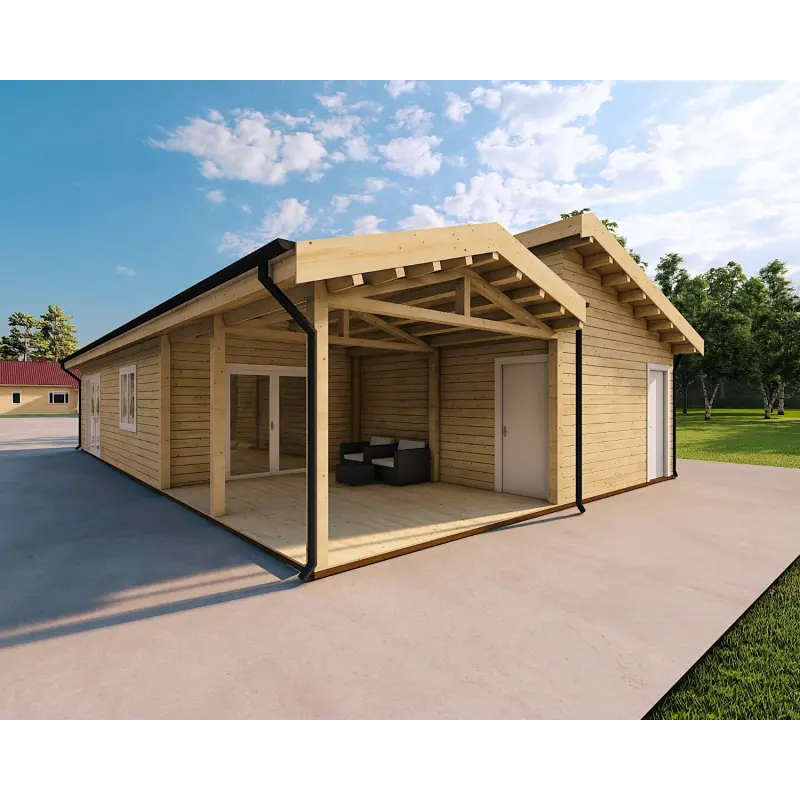 Chalet en bois habitable​ avec assemblage à queue d’aronde PAMELA 115 m², 100mm, façade côté droit