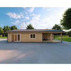 Chalet en bois habitable​ avec assemblage à queue d’aronde PAMELA 115 m², 100mm, vue frontale