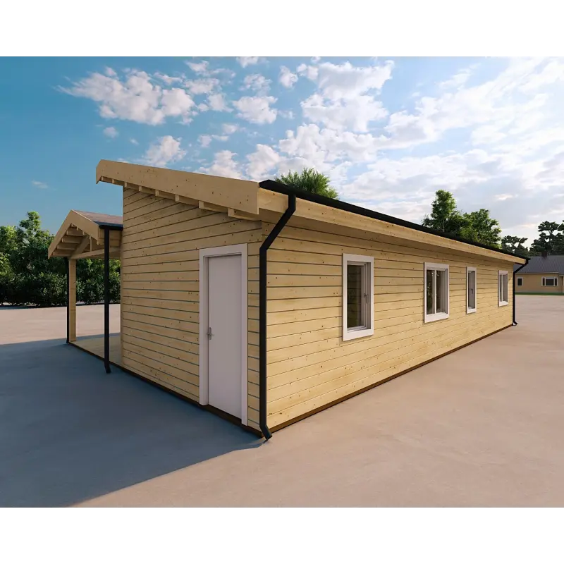 Chalet en bois habitable​ avec assemblage à queue d’aronde PAMELA 115 m², 100mm, vue arrière côté droit