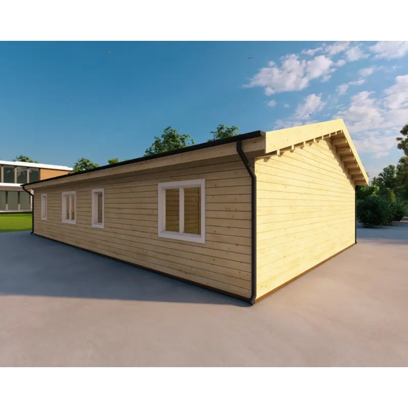 Chalet en bois habitable​ avec assemblage à queue d’aronde PAMELA 115 m², 100mm, côté gauche