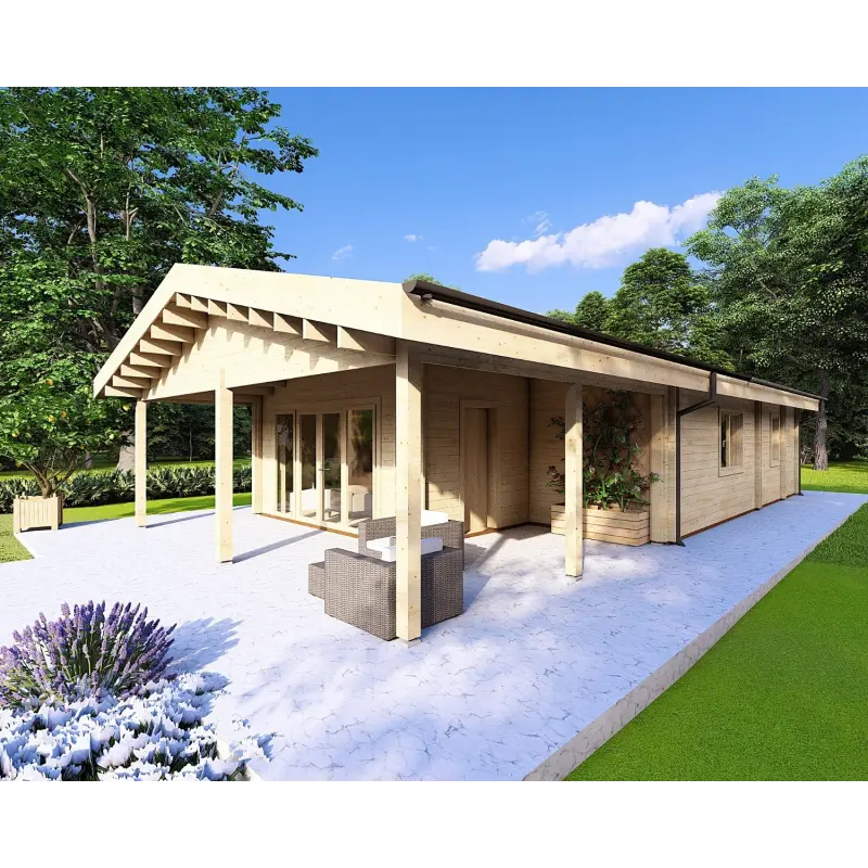 Chalet en bois habitable​ avec 5 pièces EVA 108 m², 44/140/44 mm, façade côté droit