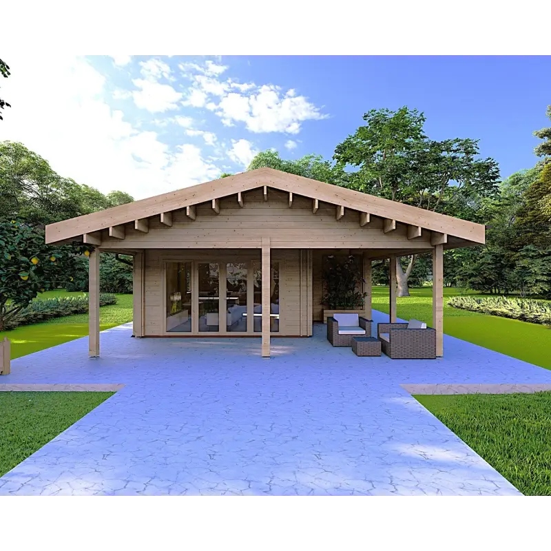 Chalet en bois habitable​ avec 5 pièces EVA 108 m², 44/140/44 mm, vue frontale