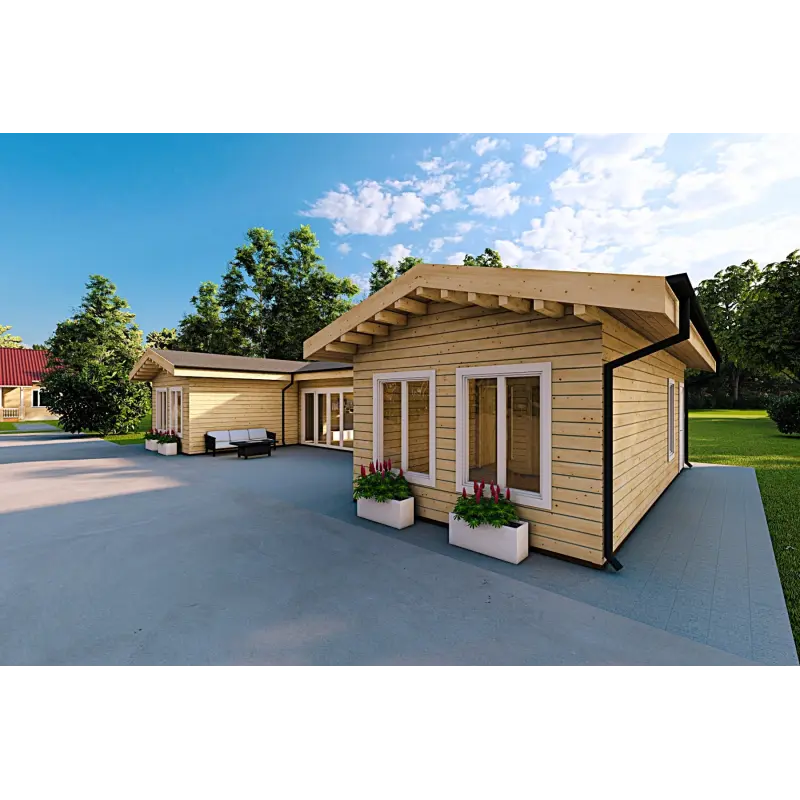 Maison habitable en bois en forme de fer à cheval AMBRA 96 m², 100mm, façade côté droit