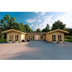 Maison habitable en bois en forme de fer à cheval AMBRA 96 m², 100mm, vue frontale