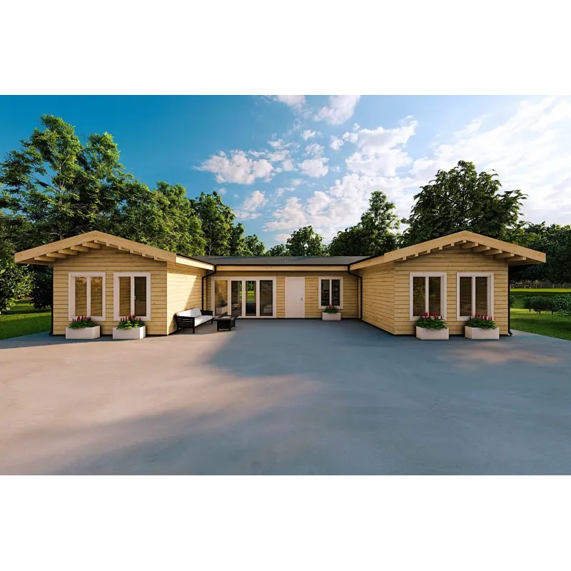 Maison habitable en bois en forme de fer à cheval AMBRA 96 m², 100mm, vue frontale