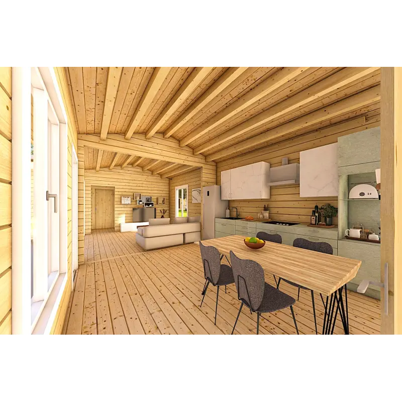 Maison habitable en bois en forme de fer à cheval AMBRA 96 m², 100mm, espace de vie ouvert
