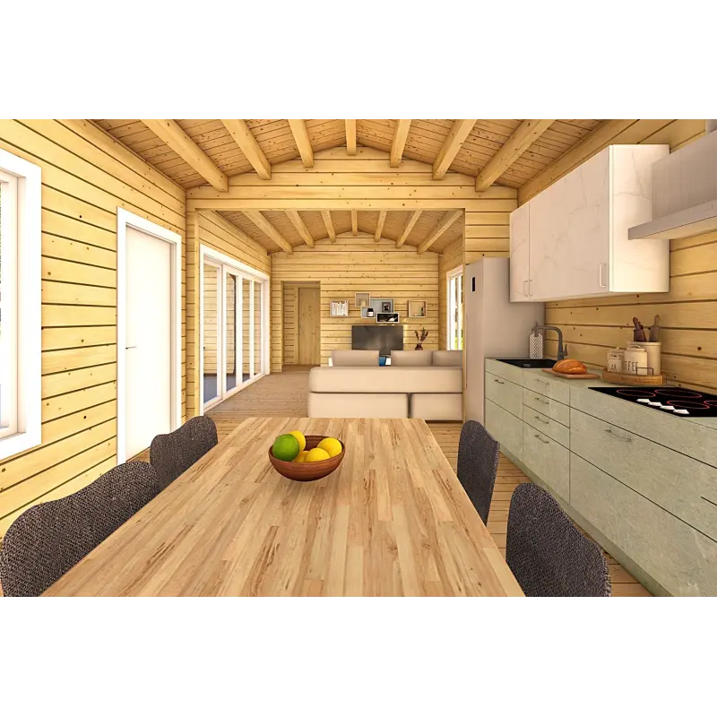 Maison habitable en bois en forme de fer à cheval AMBRA 96 m², 100mm, intérieur cuisine