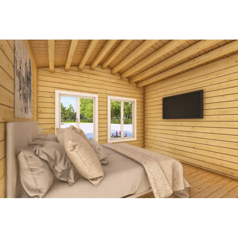 Maison habitable en bois en forme de fer à cheval AMBRA 96 m², 100mm, intérieur chambre principale