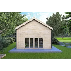 Maison en bois avec mezzanine MAGGIE 6x7 60/100/30/40 mm, vue frontale